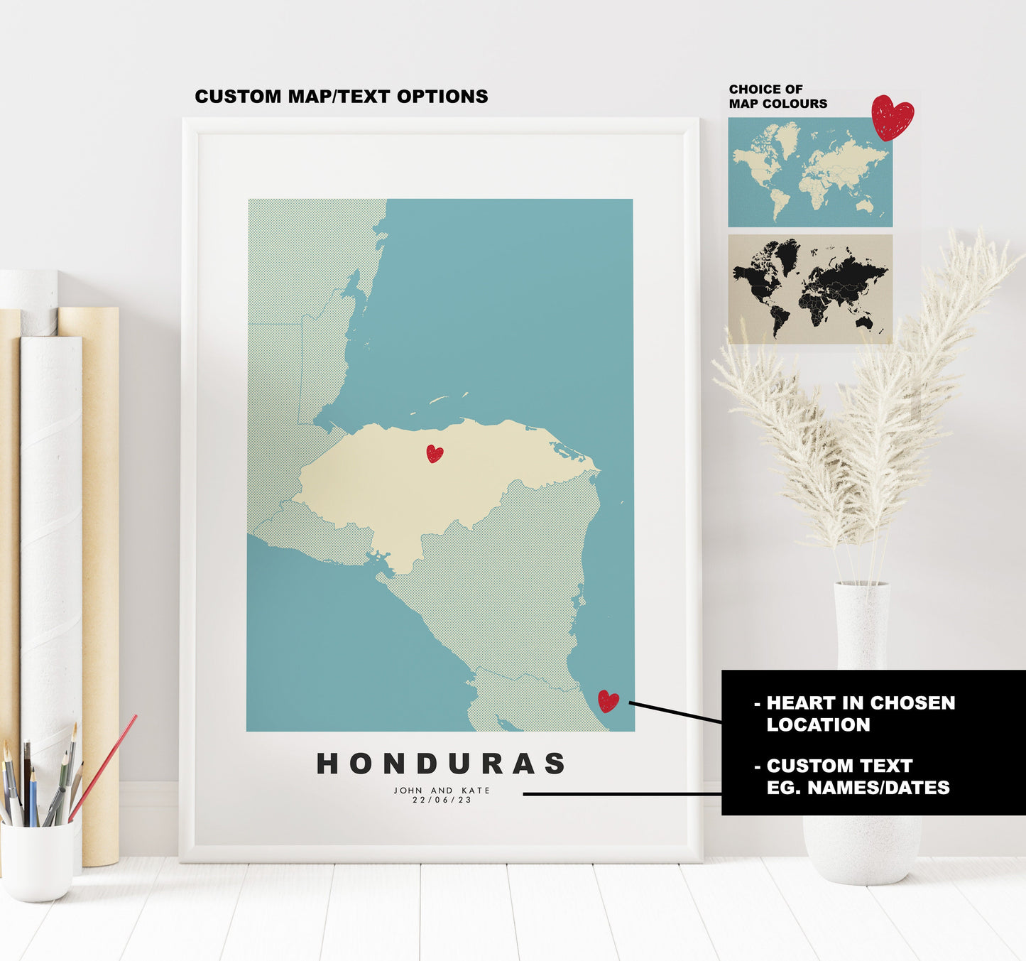 Honduras Map Print - Personalised Map Gift - Framed or Canvas Options Available - Custom Text Options - Personalised Gift - South America