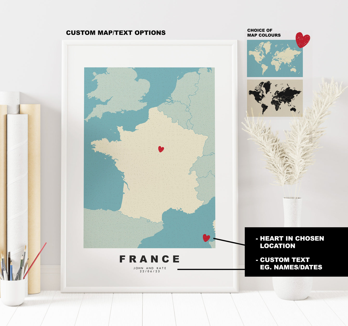 France Map Print - Personalised Map Gift - Framed or Canvas Options Available - Custom Text Options - Personalised Gift - Europe