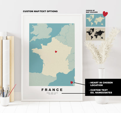 France Map Print - Personalised Map Gift - Framed or Canvas Options Available - Custom Text Options - Personalised Gift - Europe