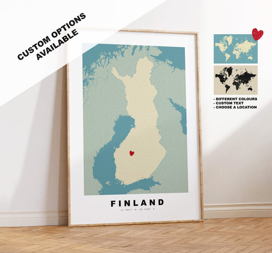 Finland Map Print - Personalised Map Gift - Framed or Canvas Options Available - Custom Text Options - Personalised Gift - Europe