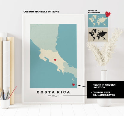 Costa Rica Map Print - Personalised Map Gift - Framed or Canvas Options Available - Custom Text Options - Personalised Gift - South America