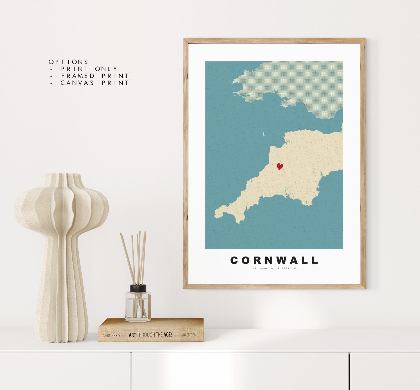 Cornwall Map Print - Personalised Map Gift - Framed or Canvas Options Available - Custom Text Options - Personalised Gift - UK and Counties