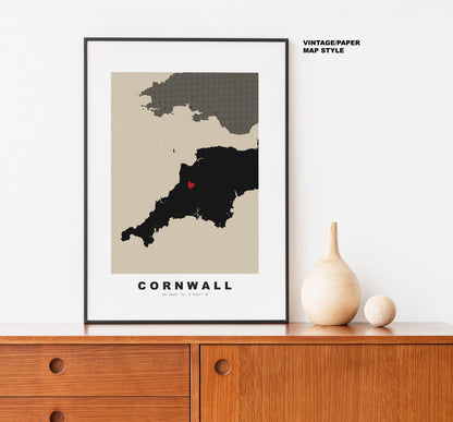 Cornwall Map Print - Personalised Map Gift - Framed or Canvas Options Available - Custom Text Options - Personalised Gift - UK and Counties