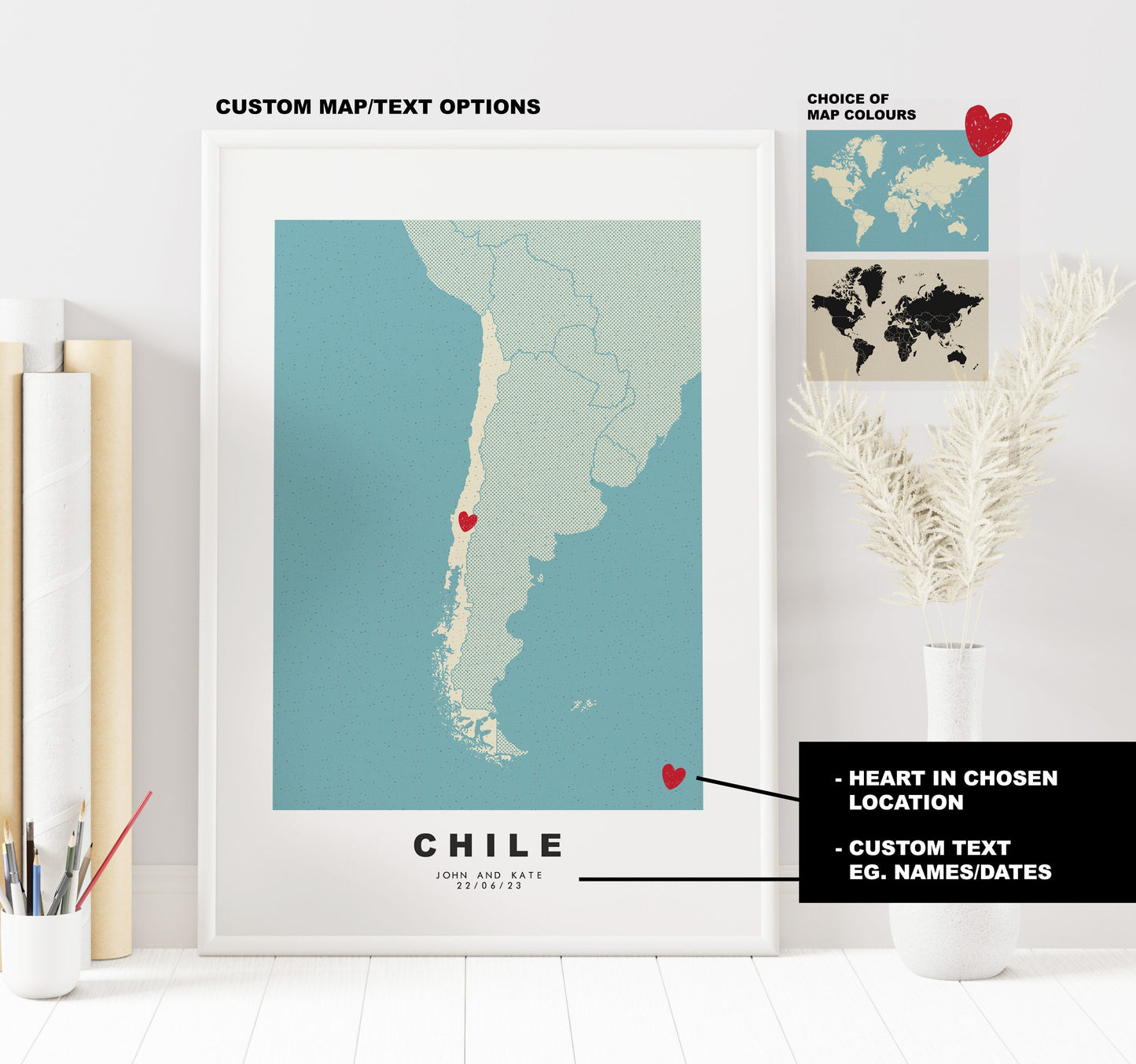 Chile Map Print - Personalised Map Gift - Framed or Canvas Options Available - Custom Text Options - Personalised Gift - South America