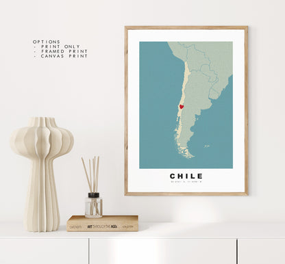 Chile Map Print - Personalised Map Gift - Framed or Canvas Options Available - Custom Text Options - Personalised Gift - South America