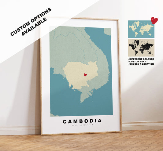 Cambodia Map Print - Personalised Map Gift - Framed or Canvas Options Available - Custom Text Options - Personalised Gift - Asia