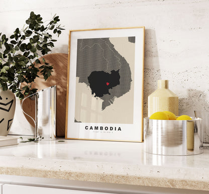 Cambodia Map Print - Personalised Map Gift - Framed or Canvas Options Available - Custom Text Options - Personalised Gift - Asia