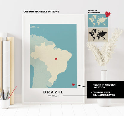 Brazil Map Print - Personalised Map Gift - Framed or Canvas Options Available - Custom Text Options - Personalised Gift - South America