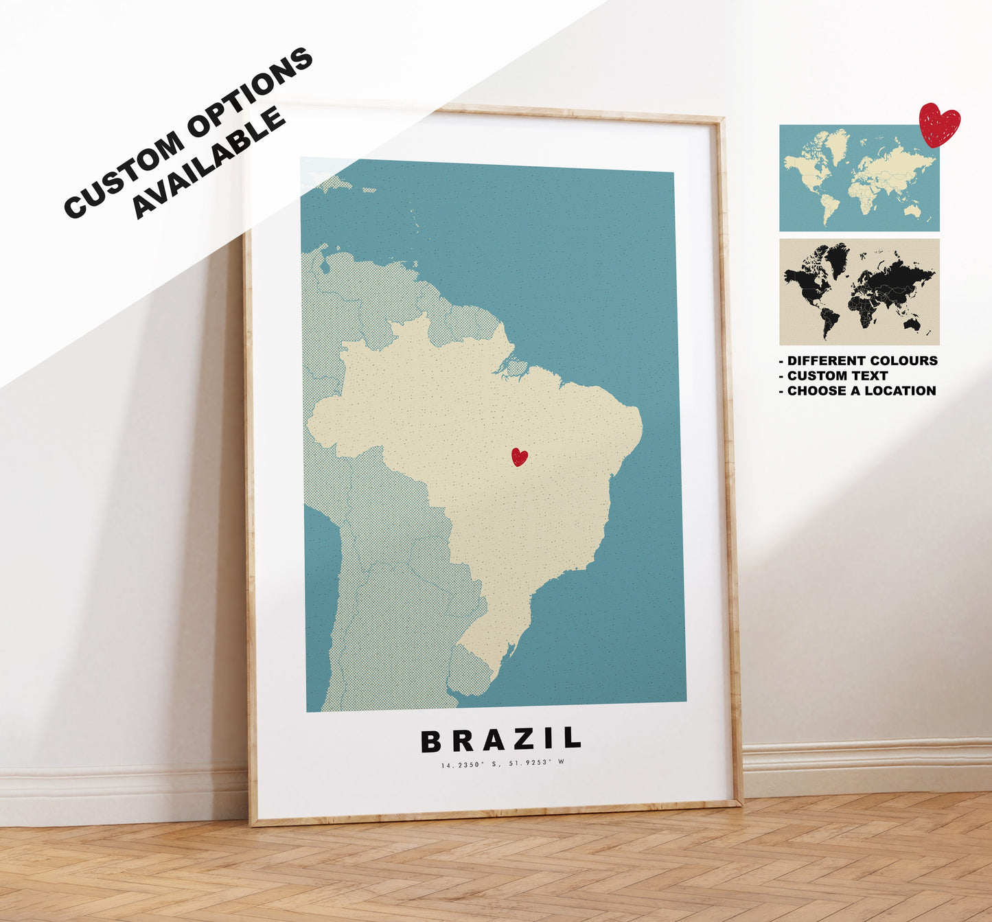 Brazil Map Print - Personalised Map Gift - Framed or Canvas Options Available - Custom Text Options - Personalised Gift - South America