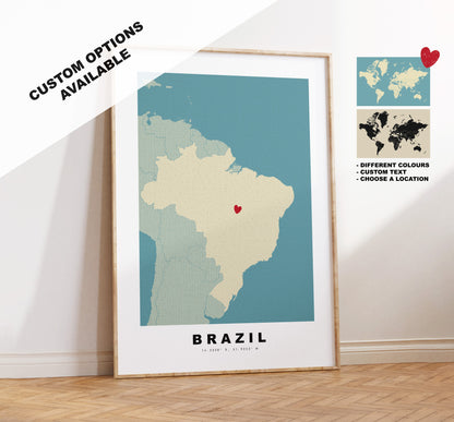 Brazil Map Print - Personalised Map Gift - Framed or Canvas Options Available - Custom Text Options - Personalised Gift - South America