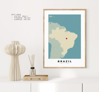 Brazil Map Print - Personalised Map Gift - Framed or Canvas Options Available - Custom Text Options - Personalised Gift - South America