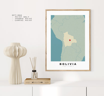 Bolivia Map Print - Personalised Map Gift - Framed or Canvas Options Available - Custom Text Options - Personalised Gift - South America