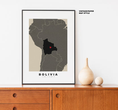 Bolivia Map Print - Personalised Map Gift - Framed or Canvas Options Available - Custom Text Options - Personalised Gift - South America