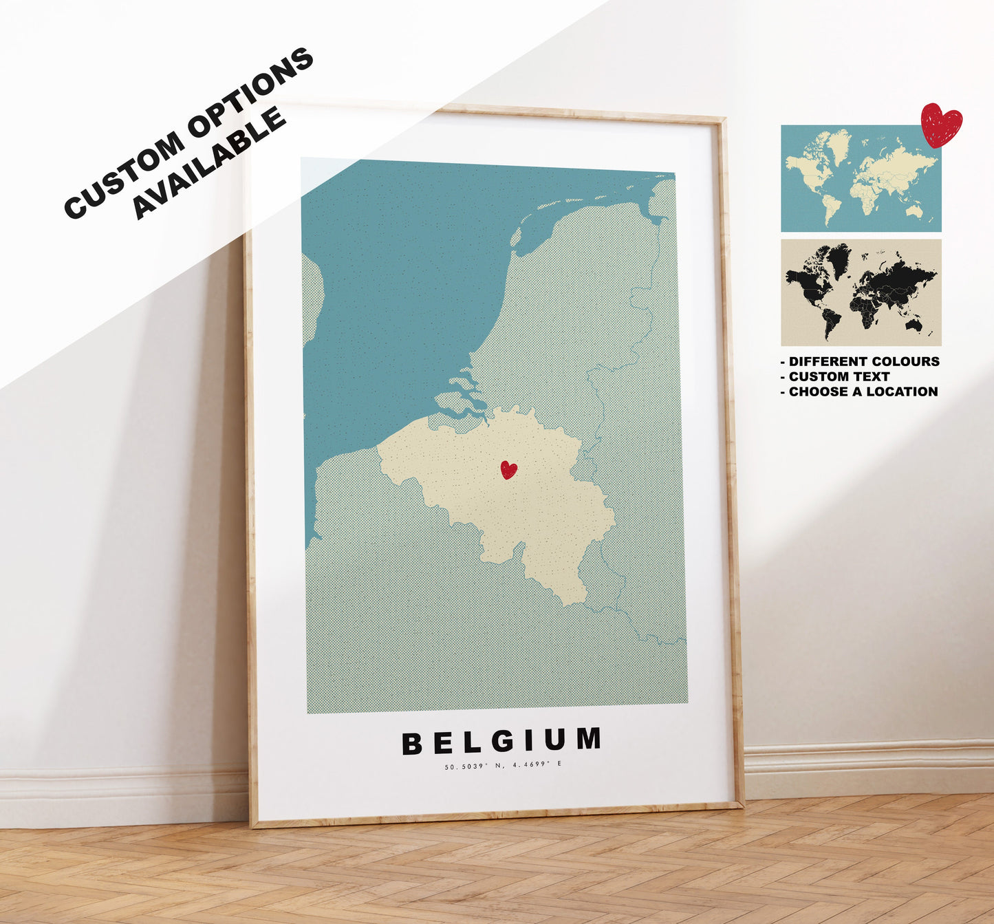 Belgium Map Print - Personalised Map Gift - Framed or Canvas Options Available - Custom Text Options - Personalised Gift - Europe