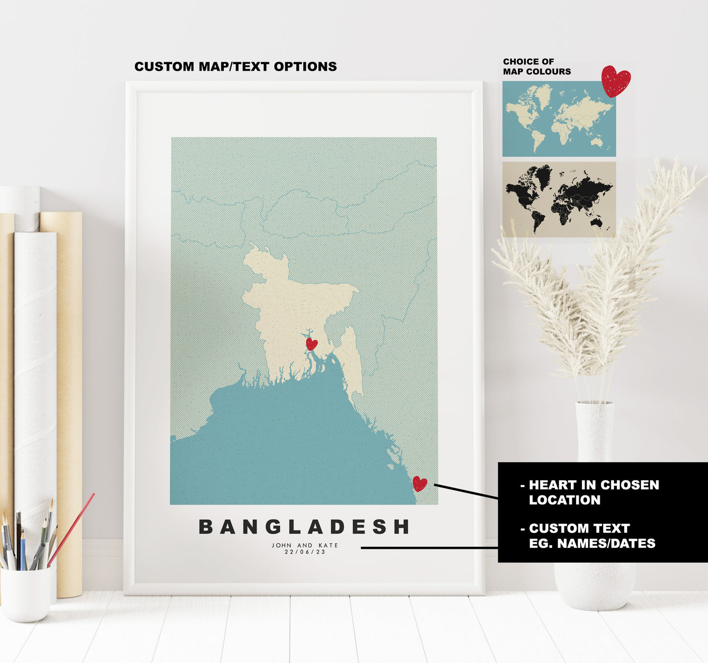 Bangladesh Map Print - Personalised Map Gift - Framed or Canvas Options Available - Custom Text Options - Personalised Gift - Asia