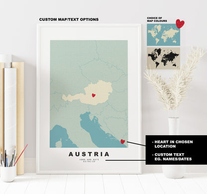 Austria Map Print - Personalised Map Gift - Framed or Canvas Options Available - Custom Text Options - Personalised Gift - Europe