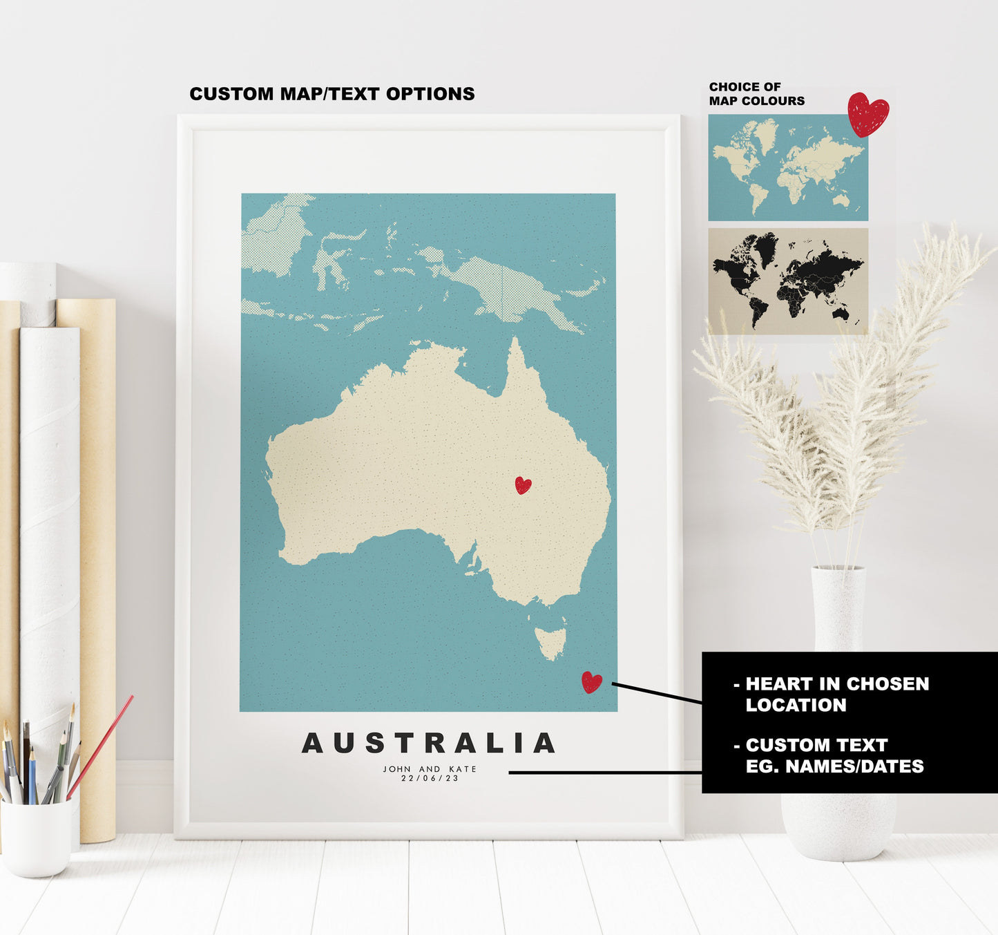 Australia Map Print - Personalised Map Gift - Framed or Canvas Options Available - Custom Text Options - Personalised Gift - Oceania