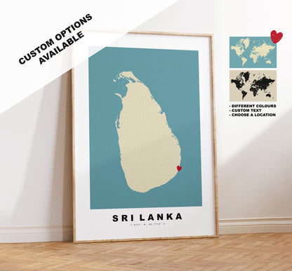 Sri Lanka Map Print - Personalised Map Gift - Framed or Canvas Options Available - Custom Text Options - Personalised Gift - Asia