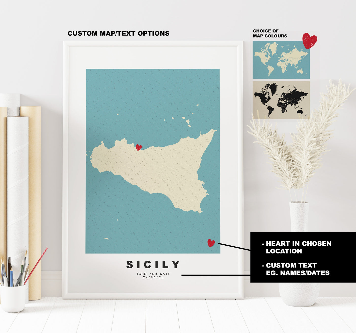 Sicily Map Print - Personalised Map Gift - Framed or Canvas Options Available - Custom Text Options - Personalised Gift - Italy & Islands