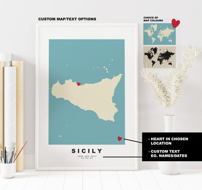 Sicily Map Print - Personalised Map Gift - Framed or Canvas Options Available - Custom Text Options - Personalised Gift - Italy & Islands