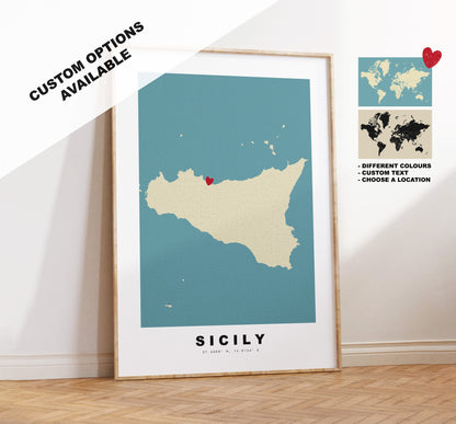 Sicily Map Print - Personalised Map Gift - Framed or Canvas Options Available - Custom Text Options - Personalised Gift - Italy & Islands