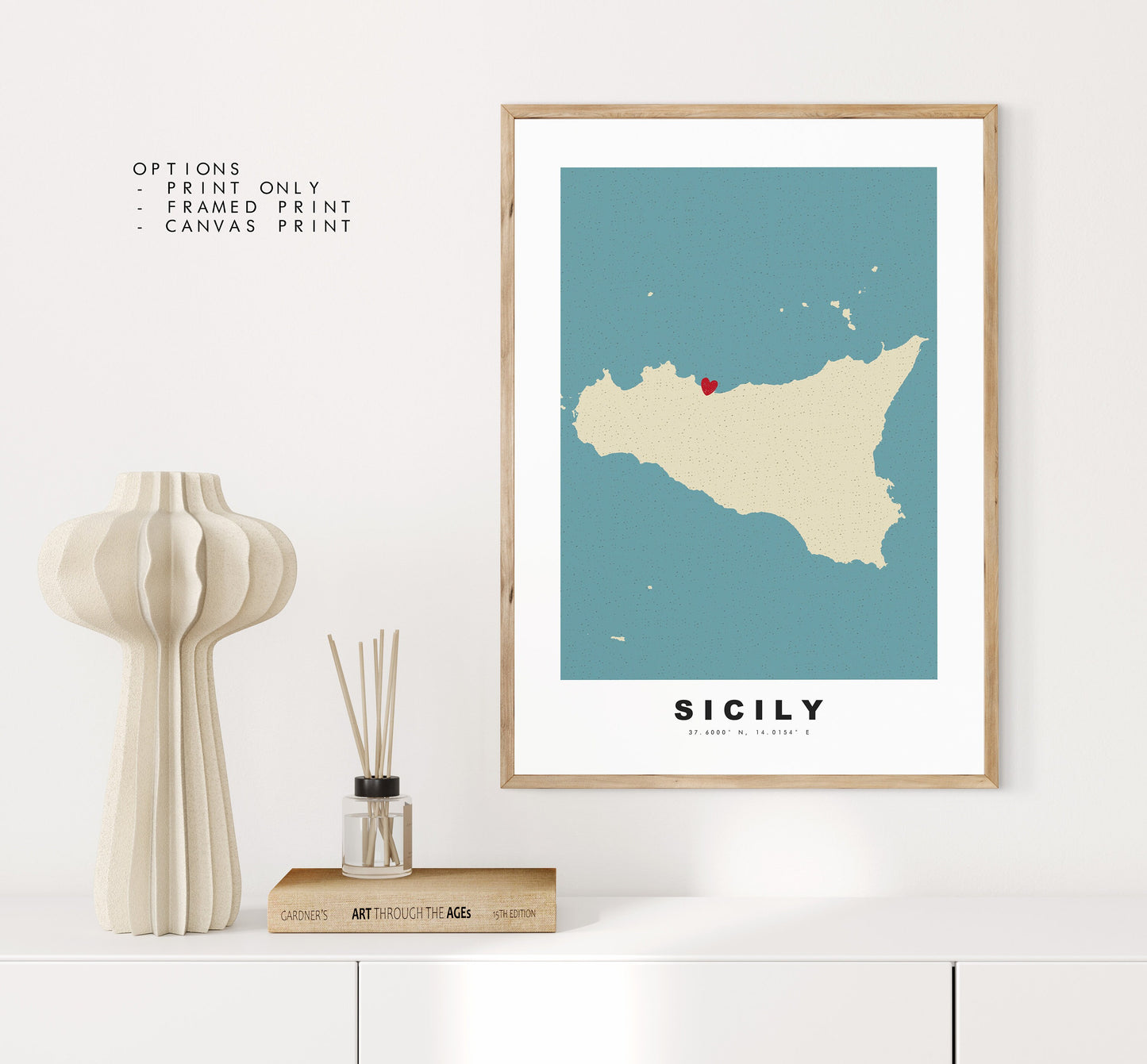 Sicily Map Print - Personalised Map Gift - Framed or Canvas Options Available - Custom Text Options - Personalised Gift - Italy & Islands