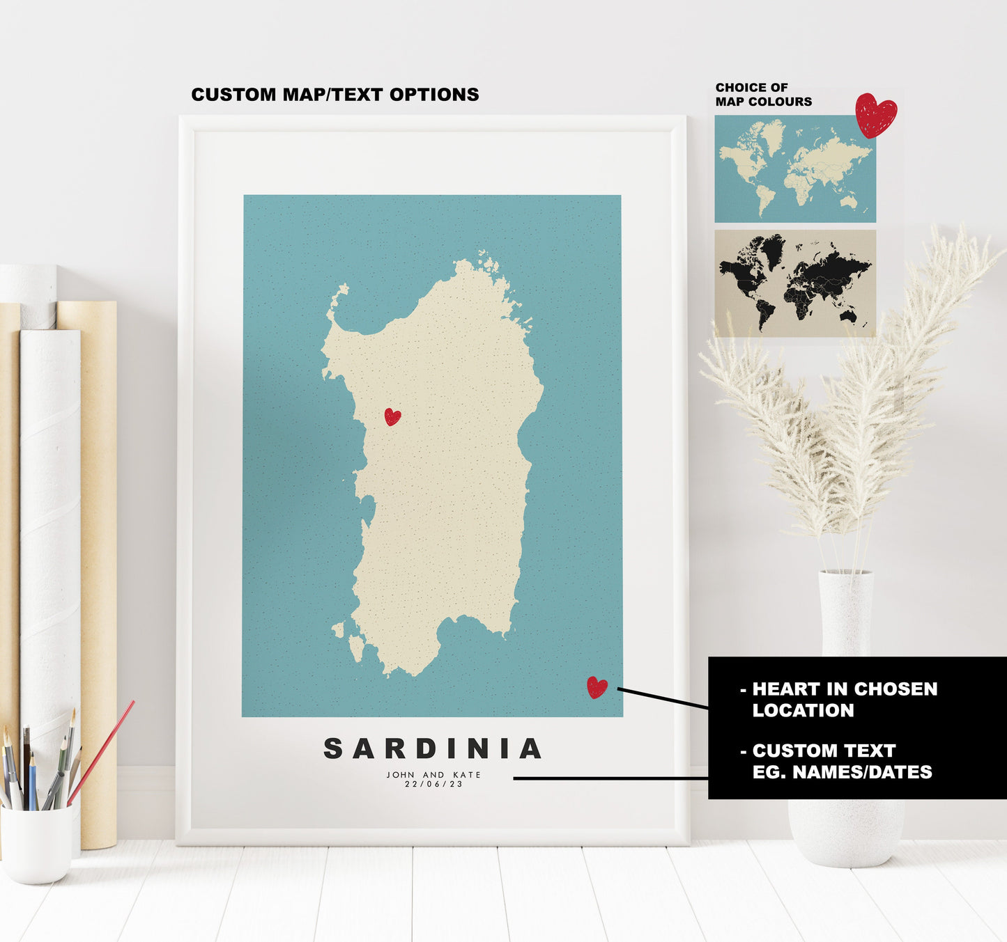 Sardinia Map Print - Personalised Map Gift - Framed or Canvas Options Available - Custom Text Options - Personalised Gift - Italy & Islands