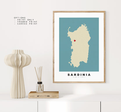 Sardinia Map Print - Personalised Map Gift - Framed or Canvas Options Available - Custom Text Options - Personalised Gift - Italy & Islands