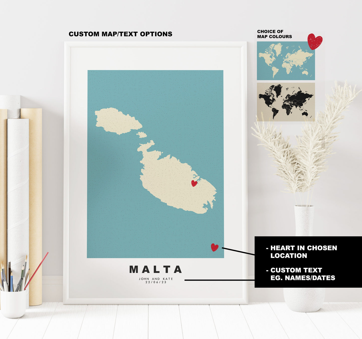 Malta Map Print - Personalised Map Gift - Framed or Canvas Options Available - Custom Text Options - Personalised Gift - Europe