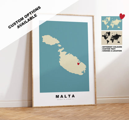 Malta Map Print - Personalised Map Gift - Framed or Canvas Options Available - Custom Text Options - Personalised Gift - Europe