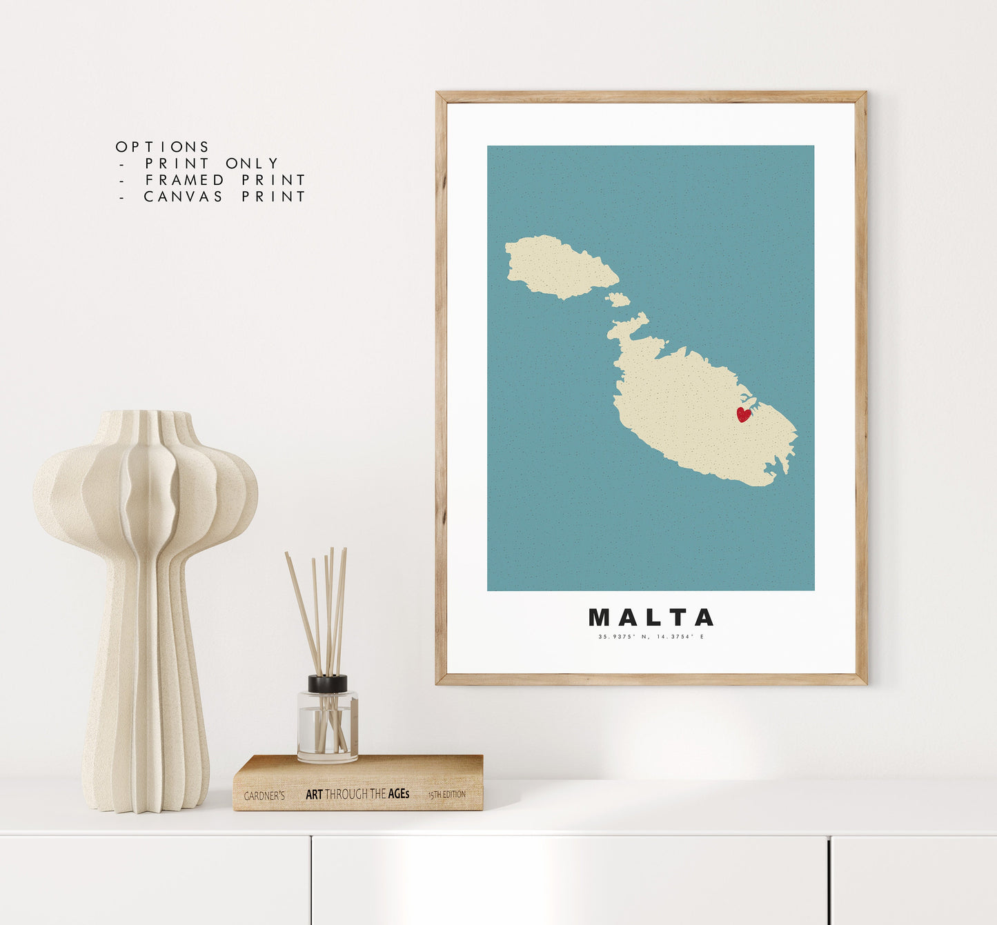 Malta Map Print - Personalised Map Gift - Framed or Canvas Options Available - Custom Text Options - Personalised Gift - Europe