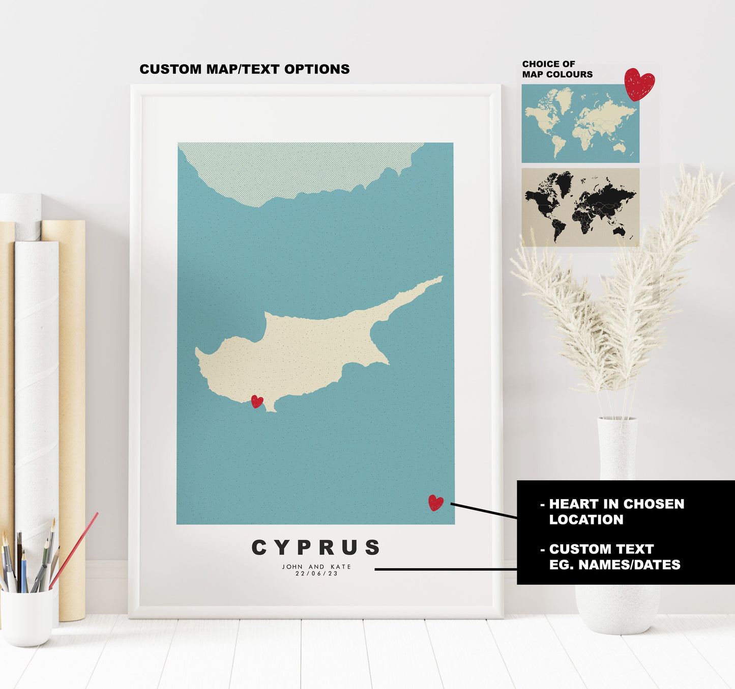 Cyprus Map Print - Personalised Map Gift - Framed or Canvas Options Available - Custom Text Options - Personalised Gift - Europe