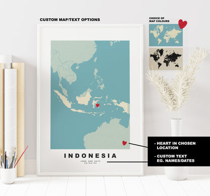 Indonesia Map Print - Personalised Map Gift - Framed or Canvas Options Available - Custom Text Options - Personalised Gift - Asia