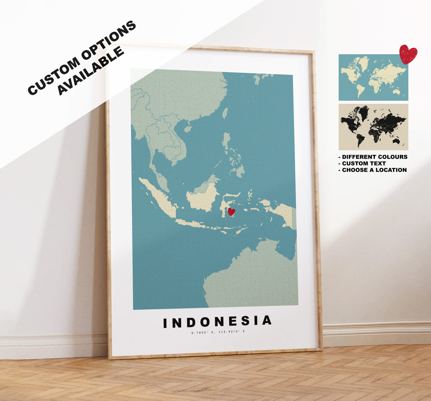 Indonesia Map Print - Personalised Map Gift - Framed or Canvas Options Available - Custom Text Options - Personalised Gift - Asia