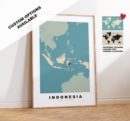 Indonesia Map Print - Personalised Map Gift - Framed or Canvas Options Available - Custom Text Options - Personalised Gift - Asia