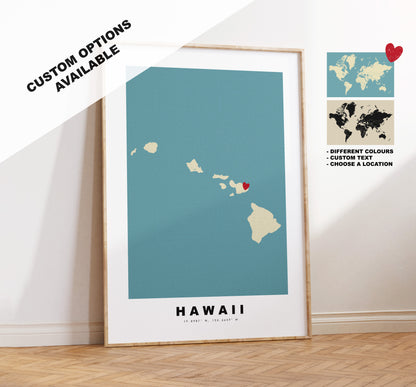 Hawaii Map Print - Personalised Map Gift - Framed or Canvas Options Available - Custom Text Options - Personalised Gift - US States & Islands