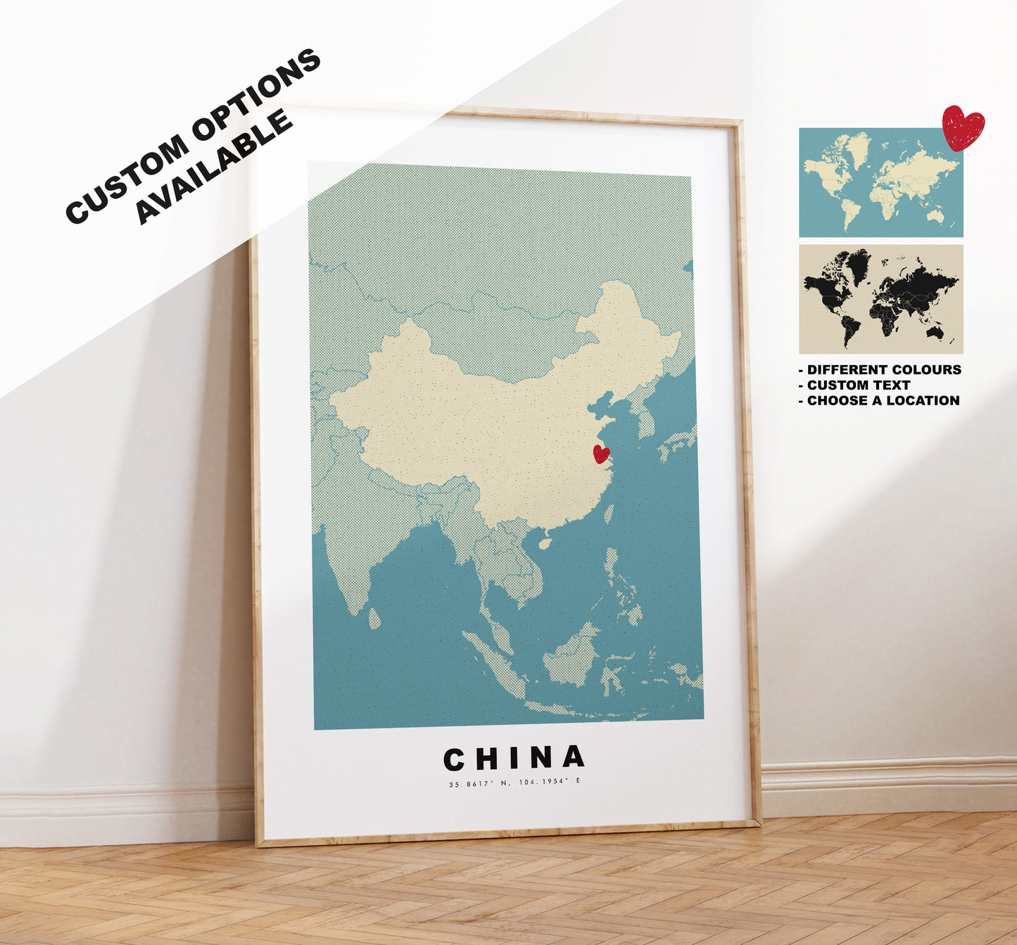 China Map Print - Personalised Map Gift - Framed or Canvas Options Available - Custom Text Options - Personalised Gift - Asia