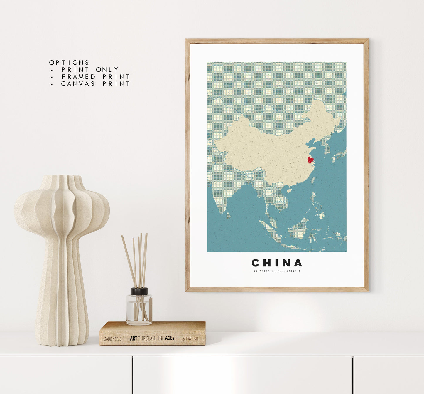 China Map Print - Personalised Map Gift - Framed or Canvas Options Available - Custom Text Options - Personalised Gift - Asia