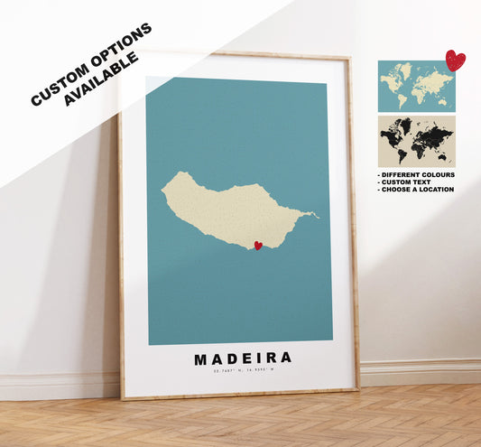 Madeira Map Print - Personalised Map Gift - Framed or Canvas Options Available - Custom Text Options - Personalised Gift - Portugal & Islands