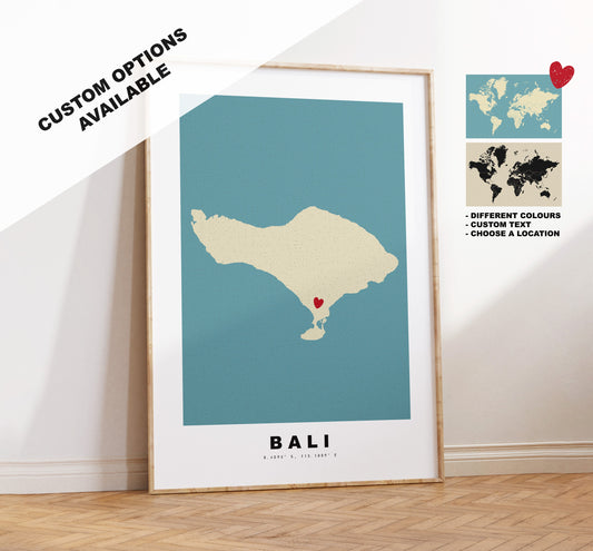 Bali Map Print - Personalised Map Gift - Framed or Canvas Options Available - Custom Text Options - Personalised Gift - Asia