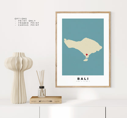 Bali Map Print - Personalised Map Gift - Framed or Canvas Options Available - Custom Text Options - Personalised Gift - Asia