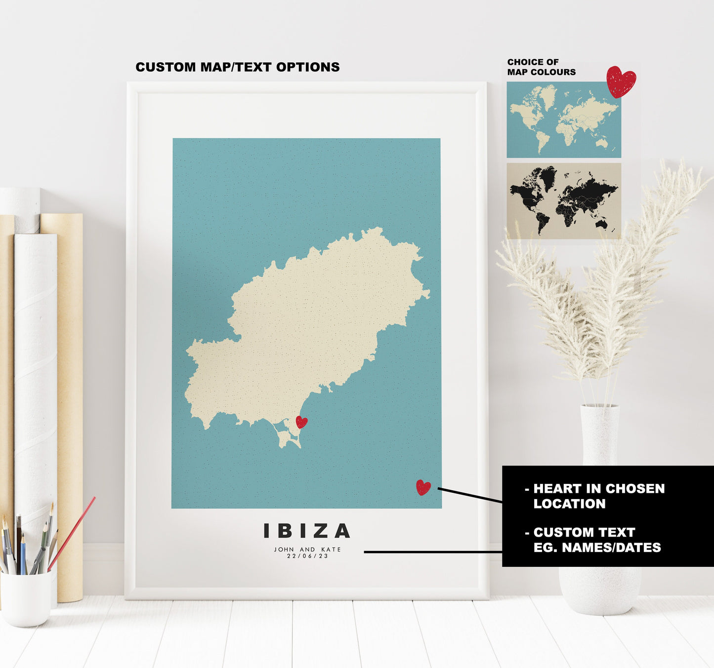 Ibiza Map Print - Personalised Map Gift - Framed or Canvas Options Available - Custom Text Options - Personalised Gift - Spain & Islands