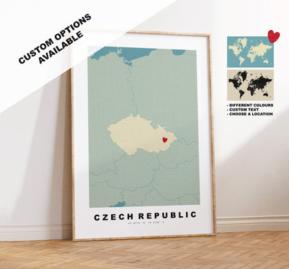 Czech Republic Map Print - Personalised Map Gift - Framed or Canvas Options Available - Custom Text Options - Personalised Gift - Europe