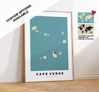 Cape Verde Map Print - Personalised Map Gift - Framed or Canvas Options Available - Custom Text Options - Personalised Gift - Africa