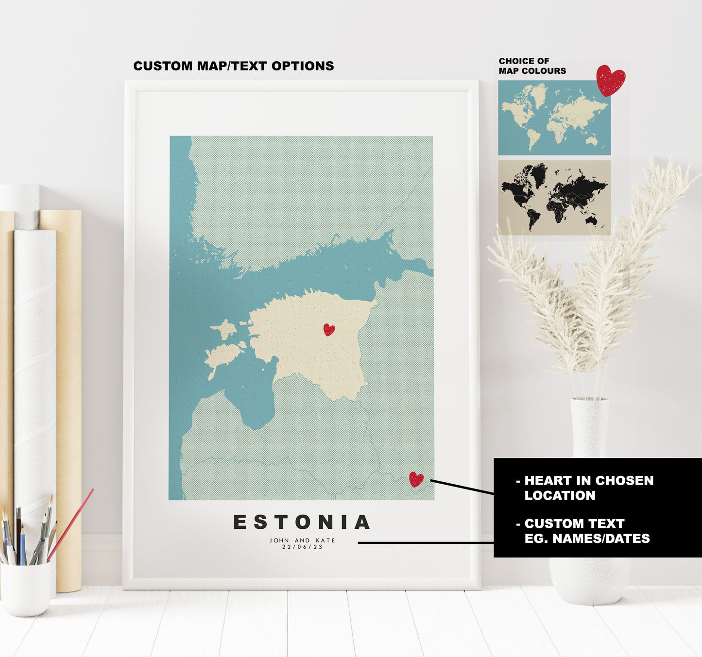 Estonia Map Print - Personalised Map Gift - Framed or Canvas Options Available - Custom Text Options - Personalised Gift - Europe