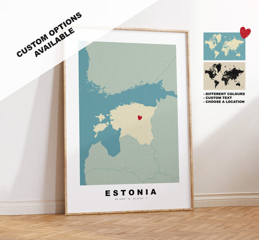 Estonia Map Print - Personalised Map Gift - Framed or Canvas Options Available - Custom Text Options - Personalised Gift - Europe