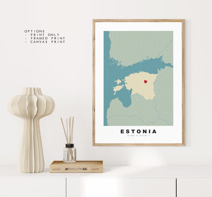 Estonia Map Print - Personalised Map Gift - Framed or Canvas Options Available - Custom Text Options - Personalised Gift - Europe