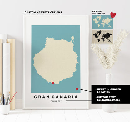 Gran Canaria Map Print - Personalised Map Gift - Framed or Canvas Options Available - Custom Text Options - Personalised Gift - Spain & Islands