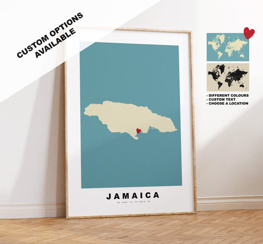 Jamaica Map Print - Personalised Map Gift - Framed or Canvas Options Available - Custom Text Options - Personalised Gift - Caribbean