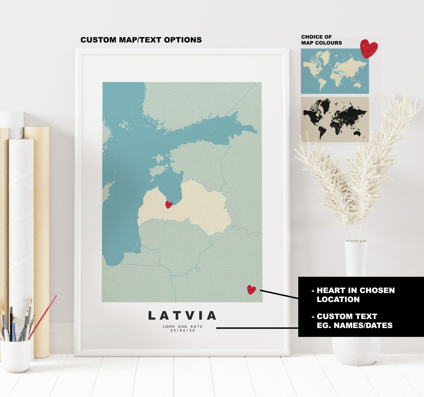 Latvia Map Print - Personalised Map Gift - Framed or Canvas Options Available - Custom Text Options - Personalised Gift - Europe